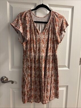 Womens Rust Floral V-Neck Short Sleeve Dress